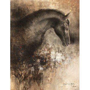 A. Q. Arif, Black Mare, 22 x 28 Inch, Charcoal & Oil on Canvas, Figurative Painting, AC-AQ-312